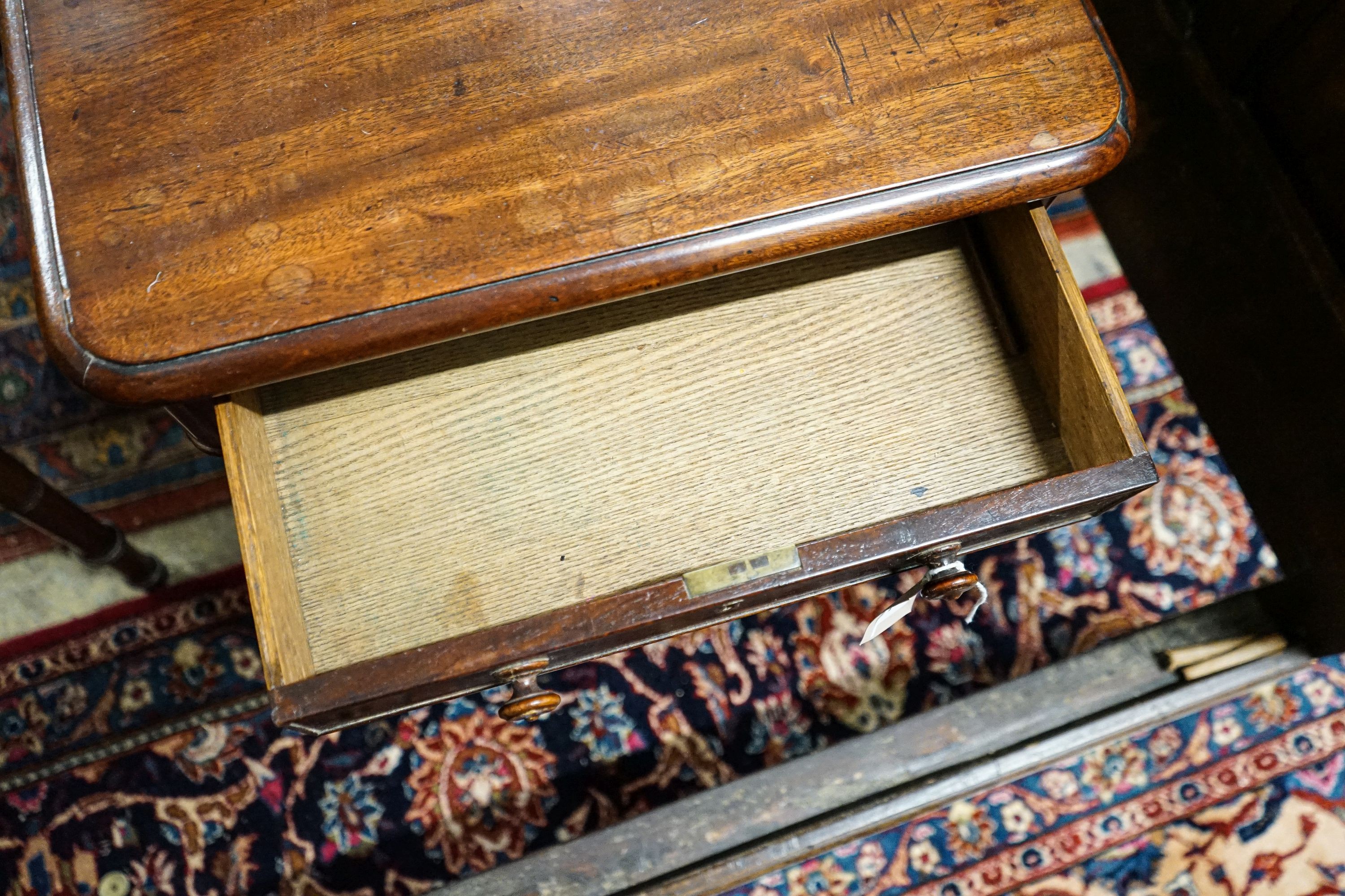 A Victorian square mahogany side table fitted single drawer, turned and carved single column on tripod base, width 49cm, depth 44cm, height 72cm